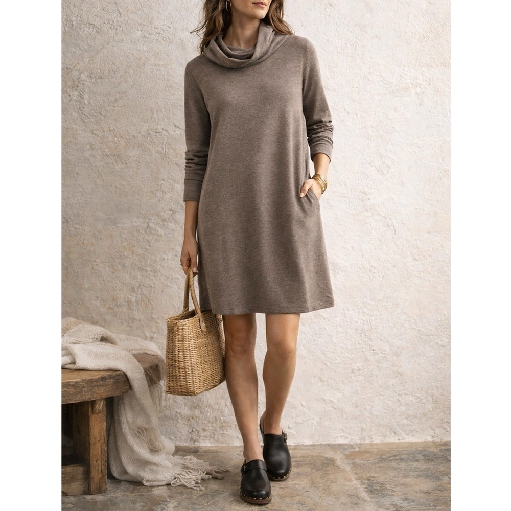 NWT Pure Jill Pima Cotton Modal Cowl Neck Tunic Dress Cocoa L Minimalist Coastal